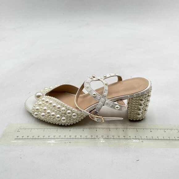 White Chunky Heel Open Toe Elegant Multi-sized Pearls Ankle Strap Sandals Dress - Picture 1 of 7